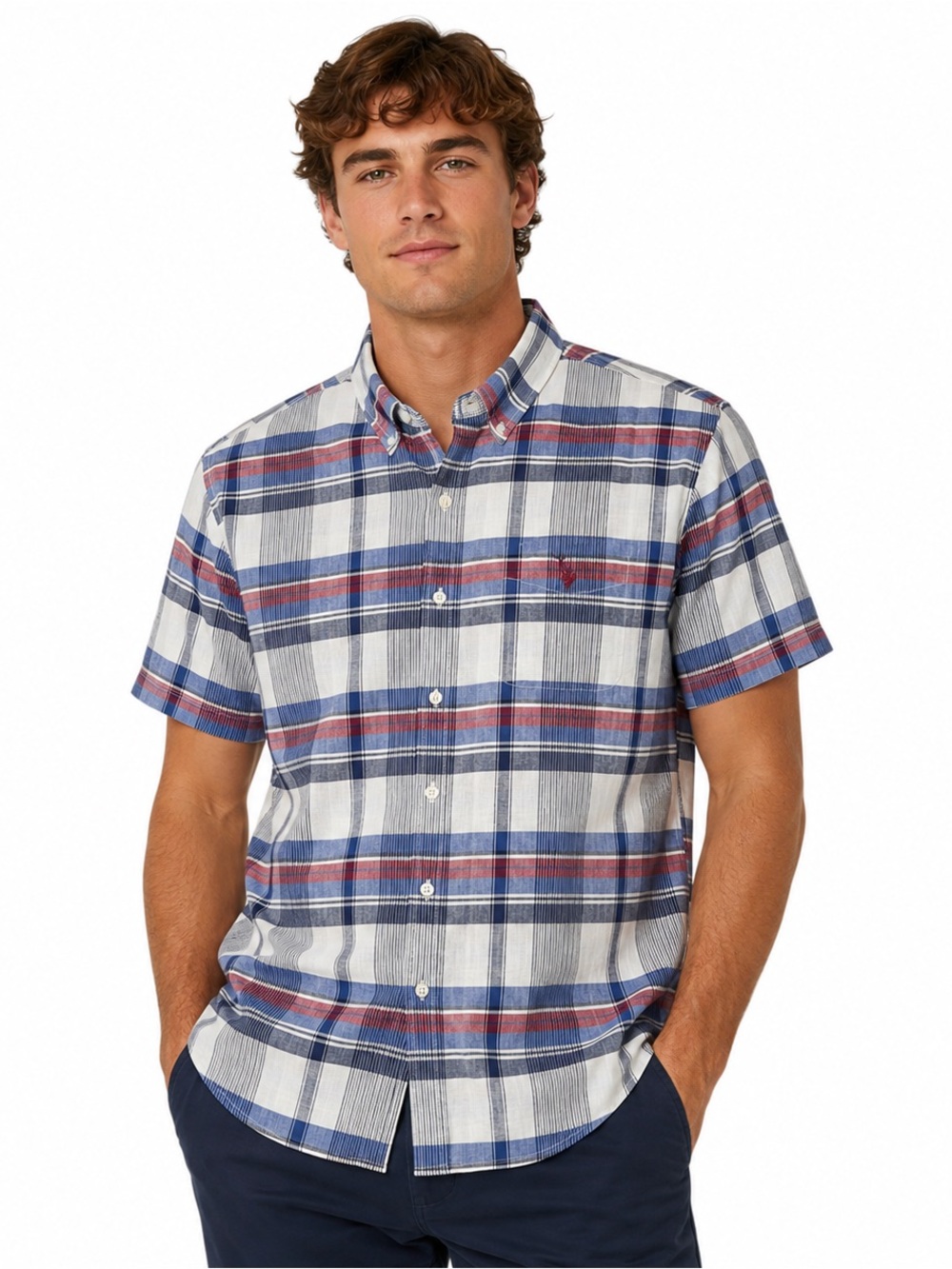 U.S. Polo Assn. Mens Red White & Blue Plaid Short Sleeve Button-Down Shirt Large